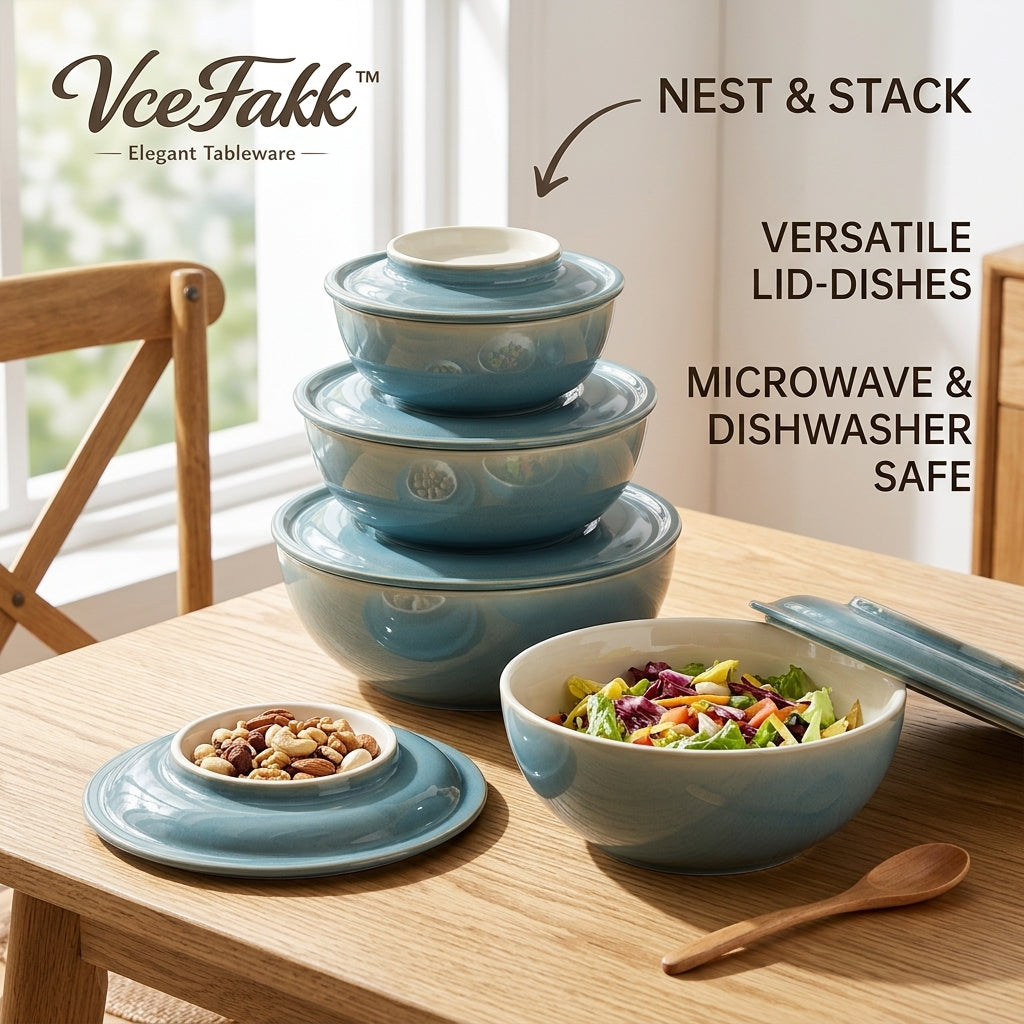 VceFakk™ Ceramic Nesting Bowl Set with Versatile Lid-Dishes | Stackable Food Storage, Microwave & Dishwasher Safe Serving Bowls | Elegant Kitchen Essentials