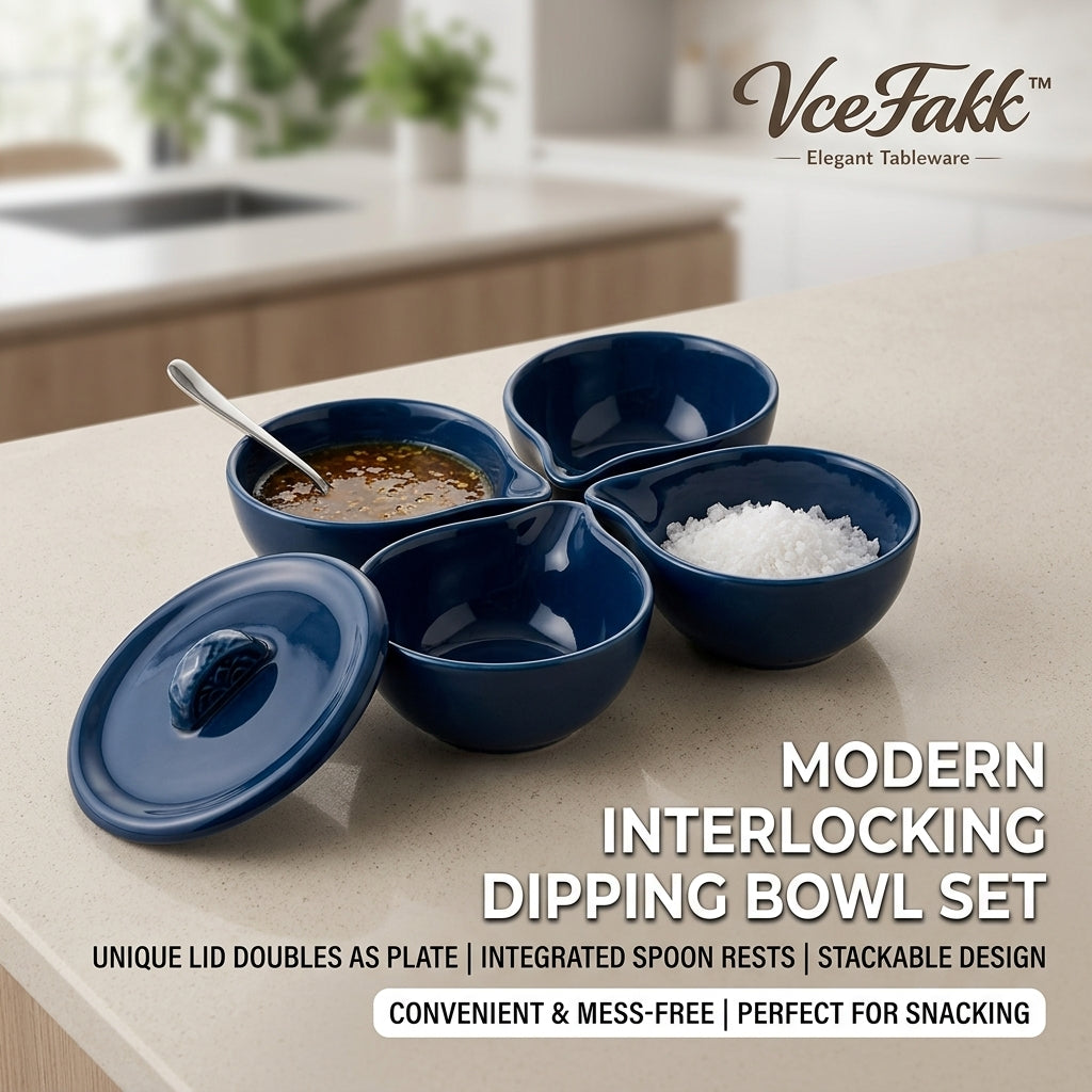 VceFakk™ Modern Interlocking Dipping Bowl Set - 4-Piece Ceramic Condiment Dishes with Dual-Purpose Lid/Plate & Integrated Spoon Rests, Stackable Serving Bowls for Sauce, Sushi, Soy, Snacks & Charcuterie Board Accessories