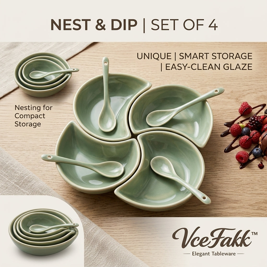 VceFakk™ 4-Piece Ceramic Dipping Bowls Set with Spoons - Nesting Crescent Sauce Dishes, Elegant Sage Green Appetizer Serving Bowls for Condiments, Soy Sauce, Tapas, and Charcuterie Board Accessories