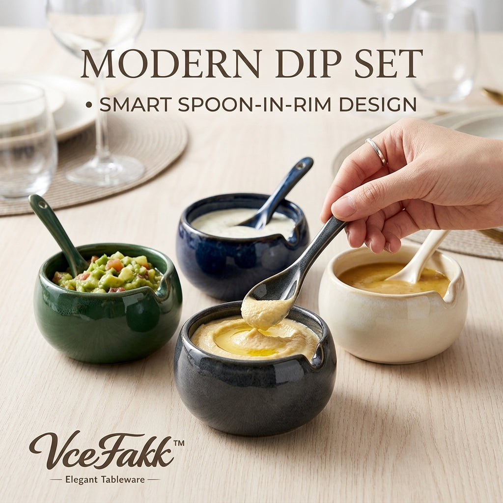 VceFakk™ Ceramic Dip Bowl Set with Matching Spoons - 4-Piece Modern Condiment Server & Sauce Dishes, Smart Spoon-in-Rim Design for Salsa, Guacamole, Hummus, Charcuterie Board Accessories