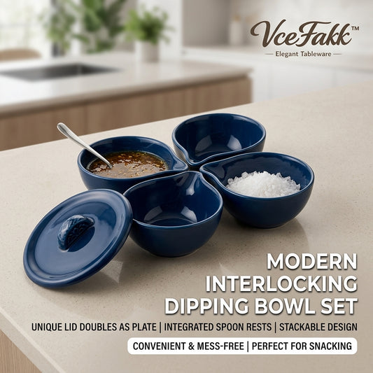 VceFakk™ Modern Interlocking Dipping Bowl Set - 4-Piece Ceramic Condiment Dishes with Dual-Purpose Lid/Plate & Integrated Spoon Rests, Stackable Serving Bowls for Sauce, Sushi, Soy, Snacks & Charcuterie Board Accessories