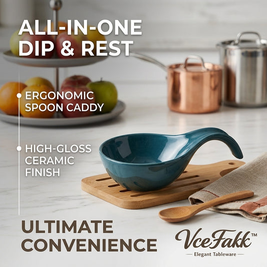 VceFakk™ All-in-One Spoon Rest & Dip Bowl – Decorative Ceramic Sauce Holder with Wooden Base, Heat-Resistant Countertop Organizer, Mess-Free Cooking Essentials, Stylish Home & Kitchen Gadgets
