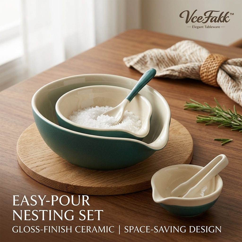VceFakk™ Ceramic Easy-Pour Nesting Bowl Set – 3-Piece Kitchen Prep, Mixing & Serving Bowls with Spoons – Space-Saving Gloss-Finish Tableware