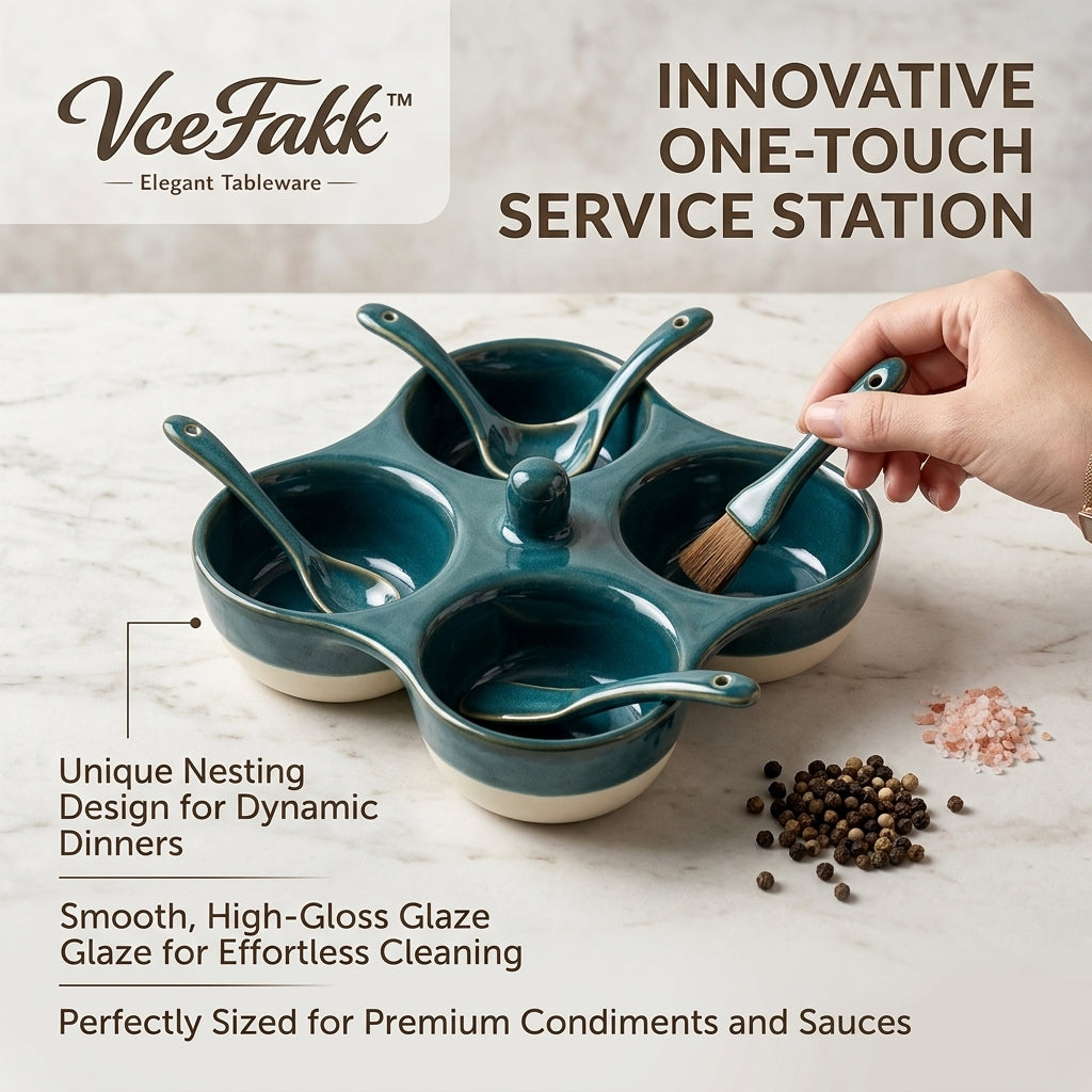 VceFakk™ 4-Section Ceramic Condiment Serving Station | Elegant Dip Bowl Tray with Spoons & Brush | Multi-Purpose Appetizer Server for Spices, Sauces, & Charcuterie Boards | Modern Kitchen Hosting Essentials