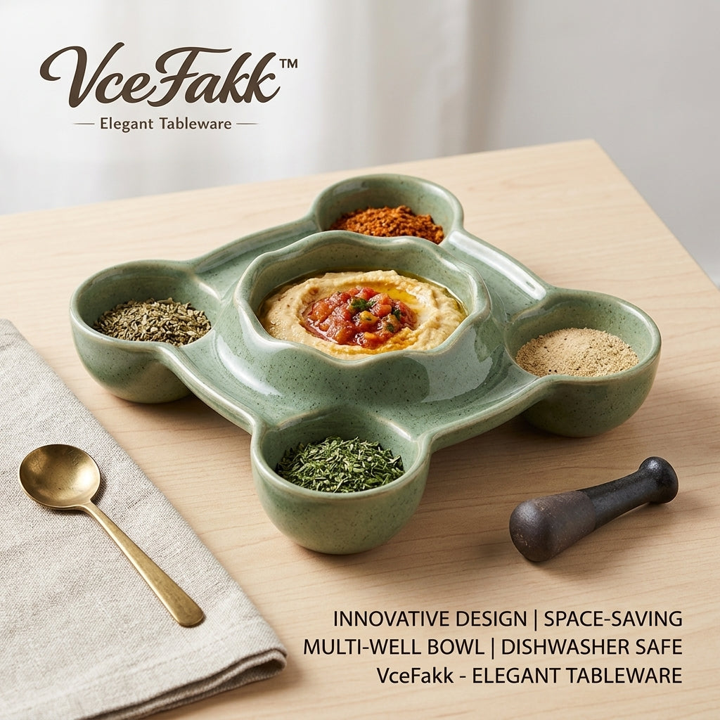 VceFakk™ Ceramic Appetizer Serving Set – Multi-Well Dip Bowl & Condiment Tray with Spoon and Pestle – Elegant Rustic Serveware for Hummus, Dips, Spices, and Party Snacks – Green Speckled Finish